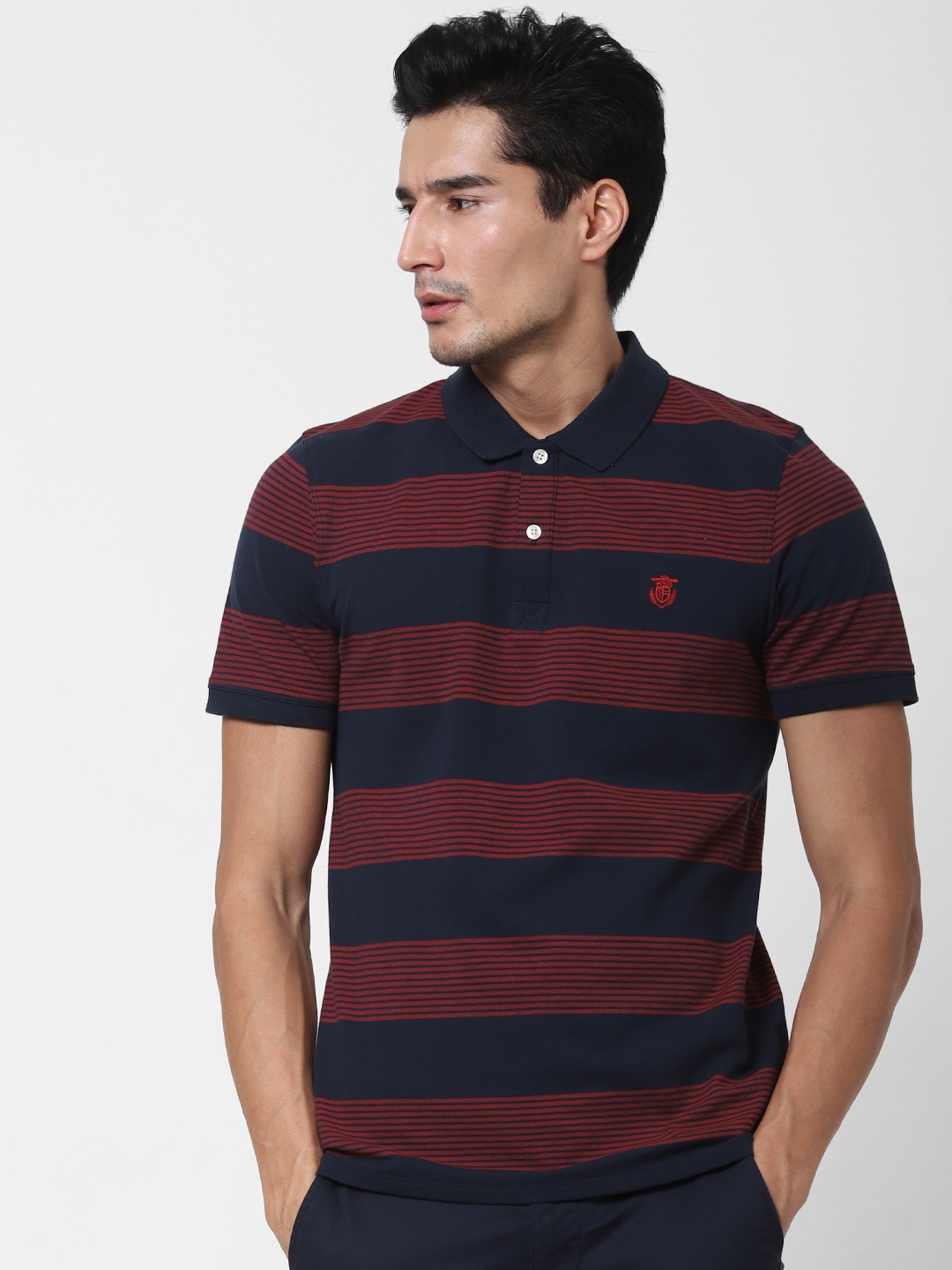 

SELECTED Men Navy Blue & Red Striped Polo Collar T-shirt