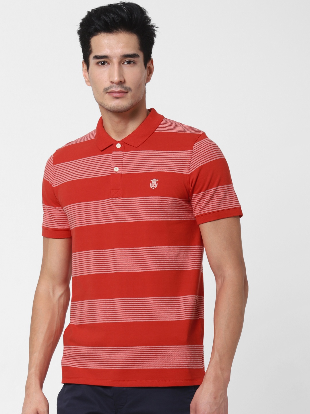 

SELECTED Men Red & White Striped Polo Collar T-shirt