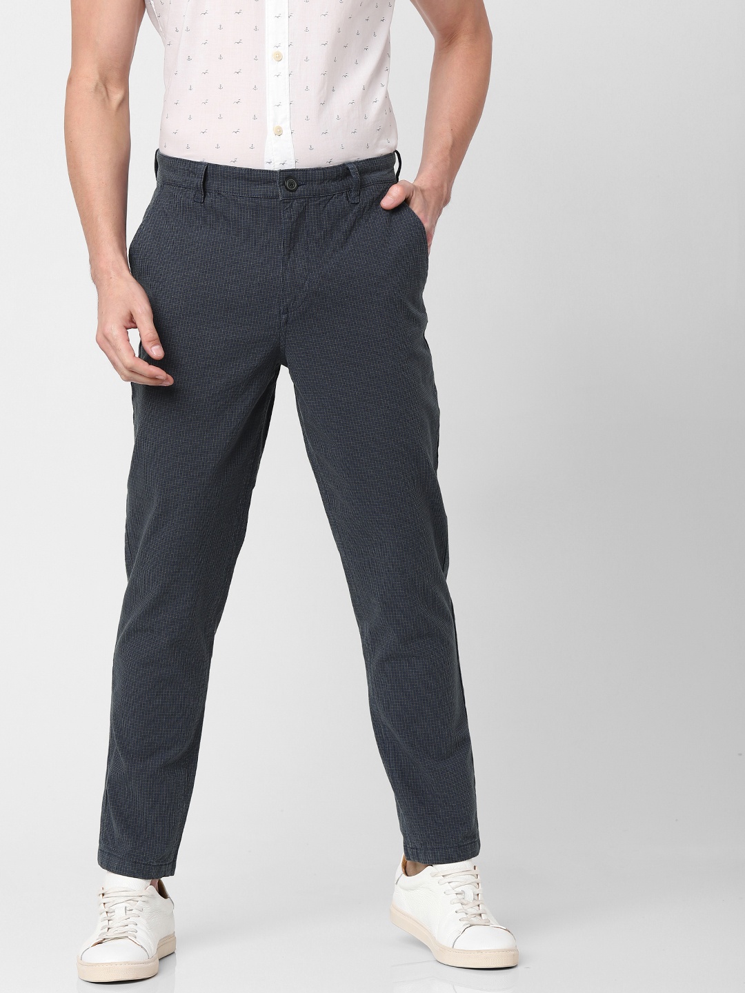 

SELECTED Men Navy Blue & Grey Checked Slim Tapered Fit Trousers