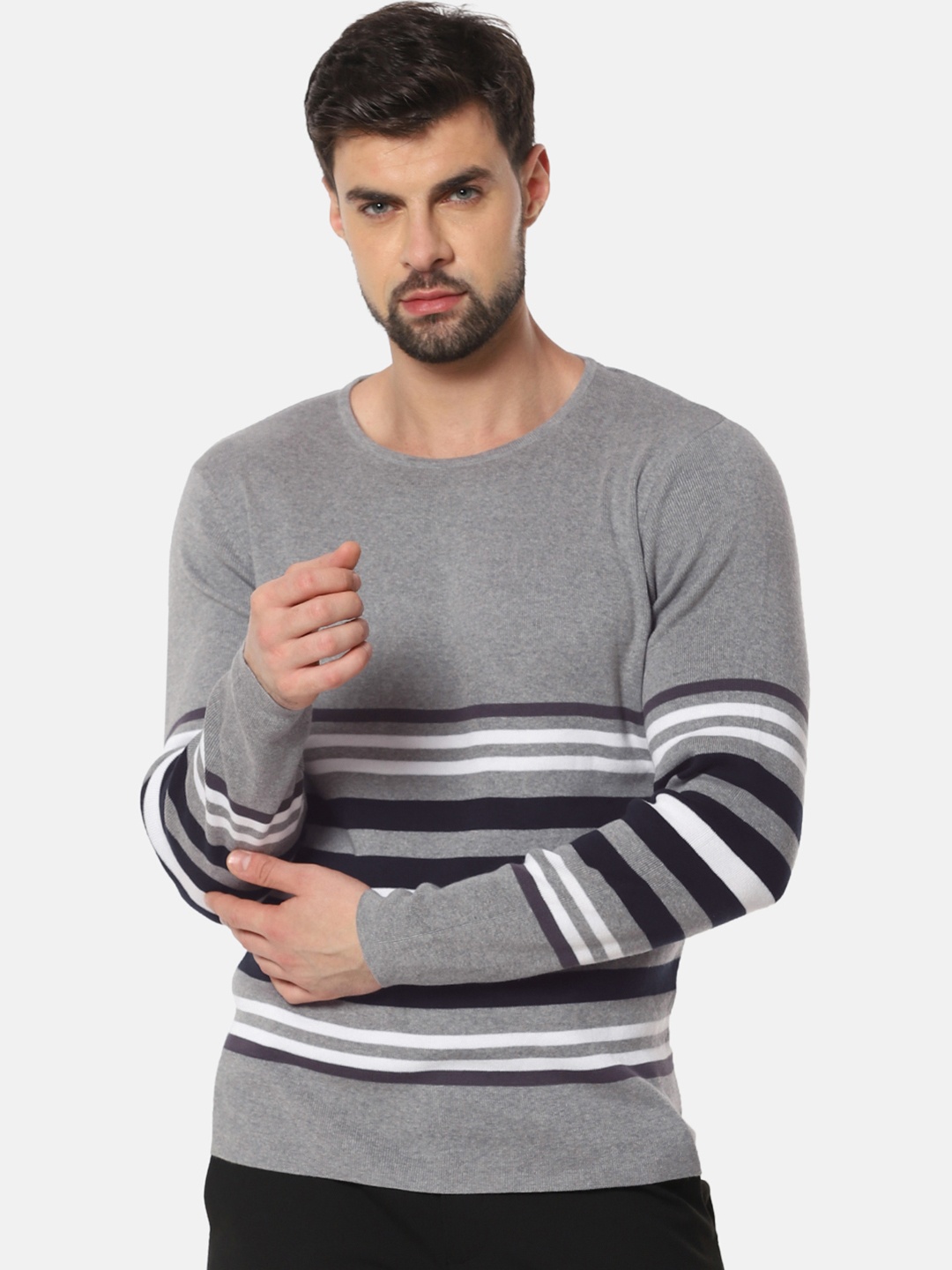 

SELECTED Men Grey & Black Striped Sweatshirt