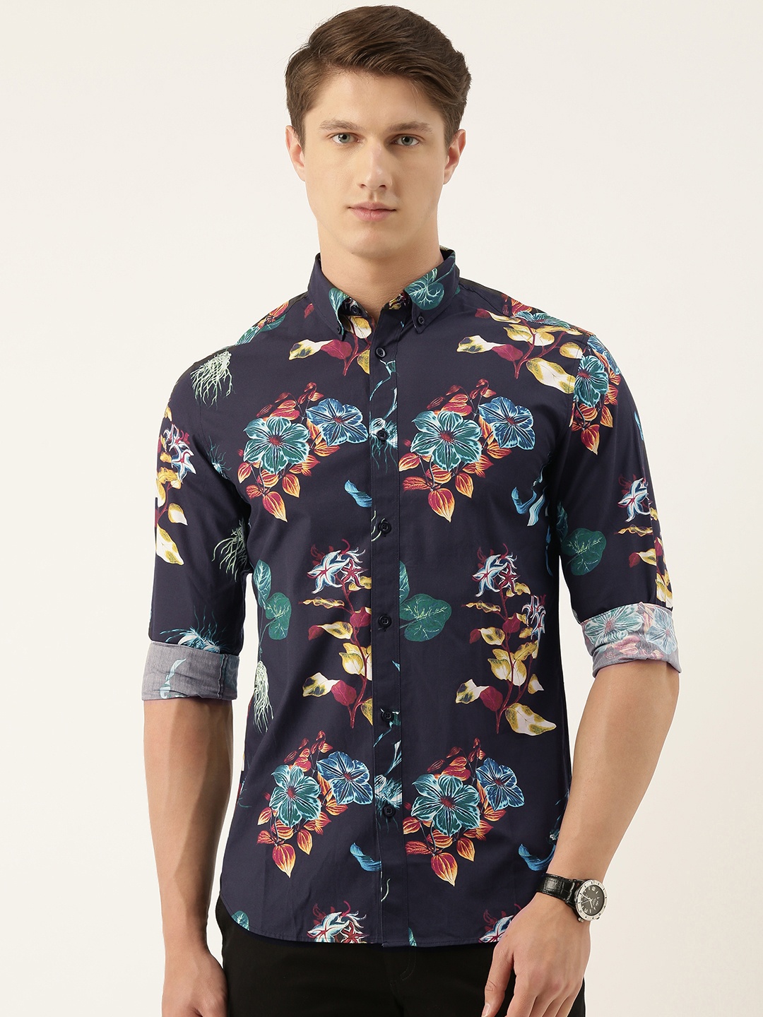 

SELECTED Men Black & Blue Slim Fit Floral Printed Organic Cotton Casual Shirt