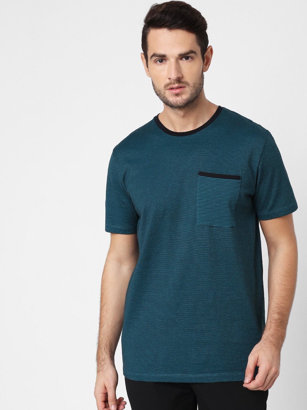 

SELECTED Men Black Self Stripe Round Neck Pure Cotton T-shirt