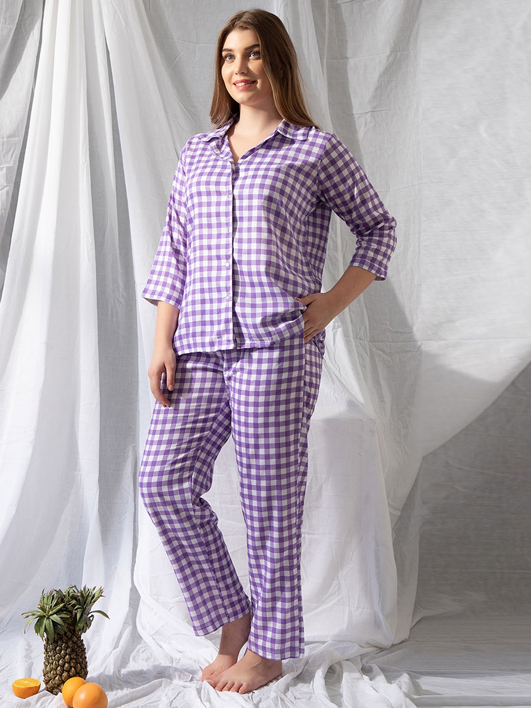 

Clovia Classic Checks Cotton Button Me Down Shirt & Pyjama Set, Purple