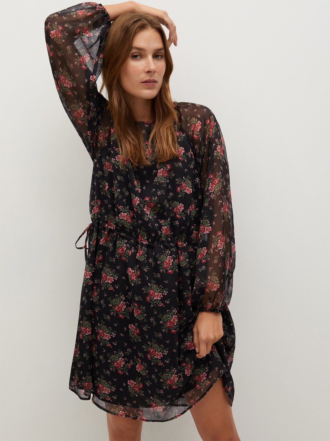 

MANGO Women Black & Red Ethnic Motifs Print Sustainable A-Line Dress with Tie-Ups