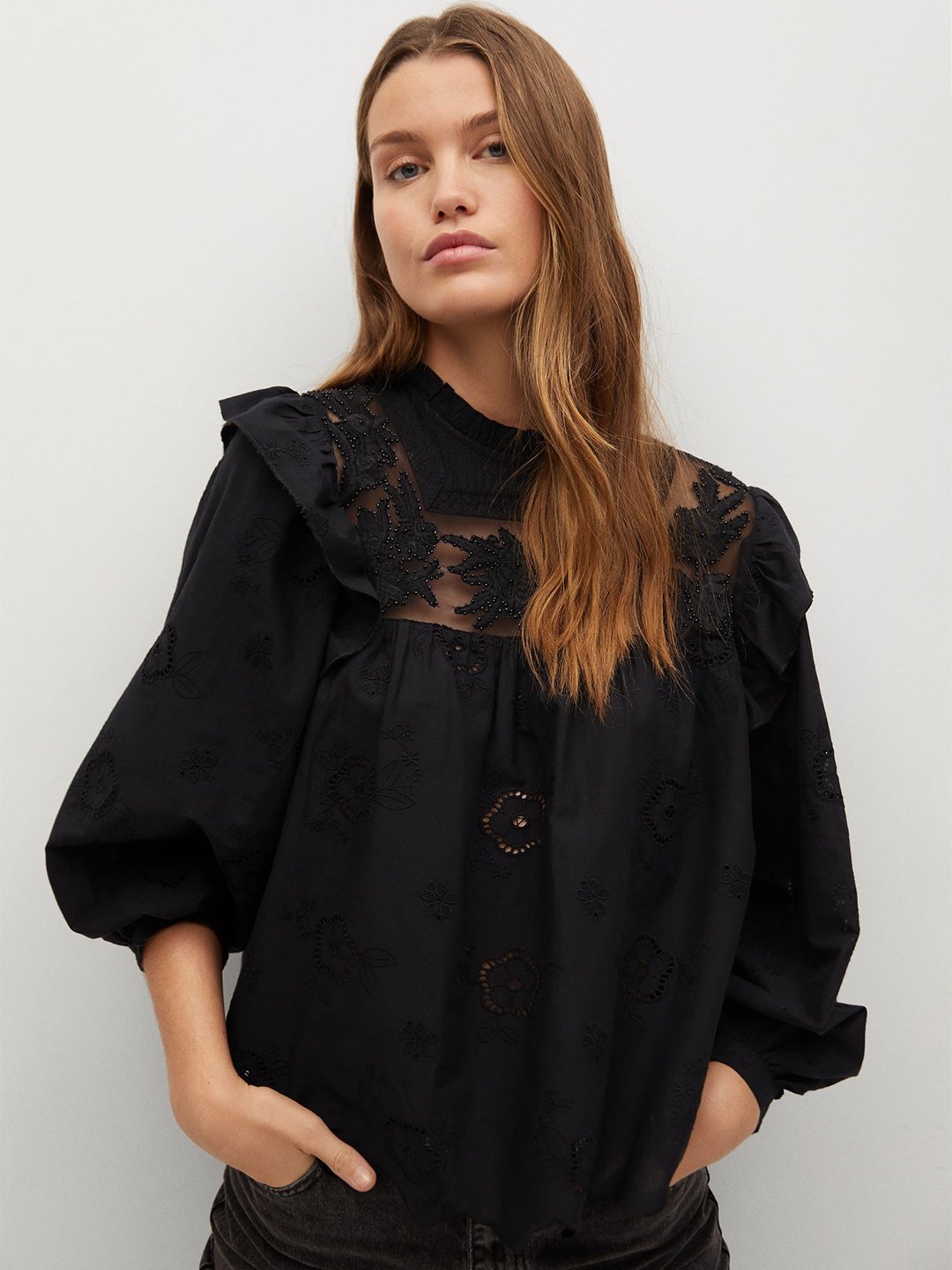 

Mango Black Self Design Ruffled Schiffli Cotton Miranda Regular Top