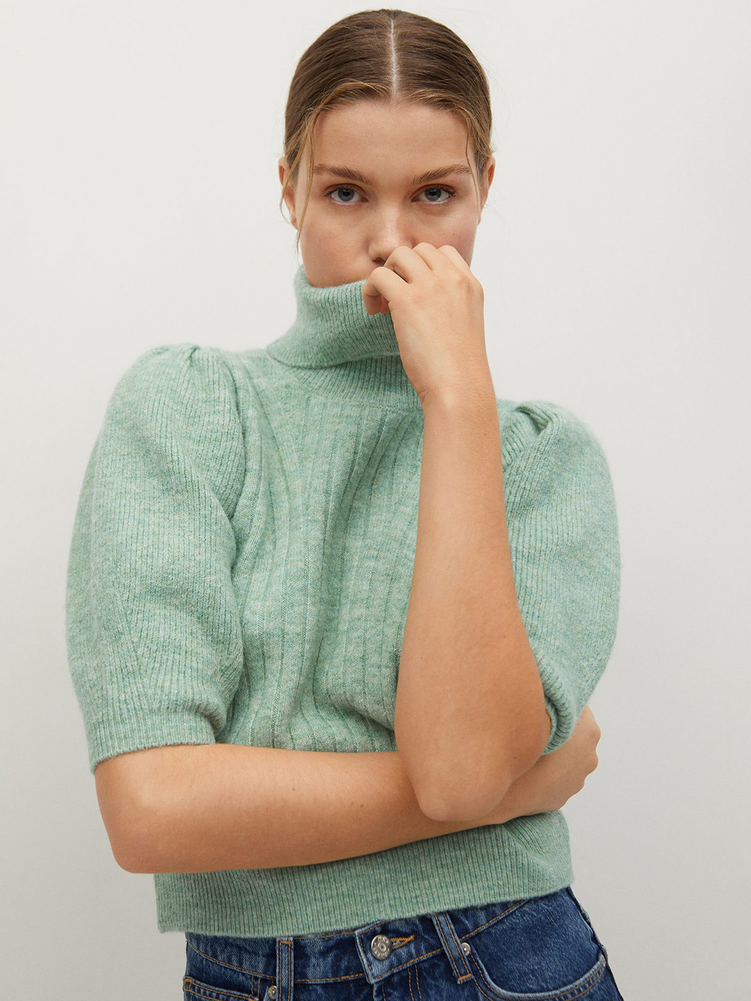 

MANGO Women Sea Green Striped Turtle Neck Sweater