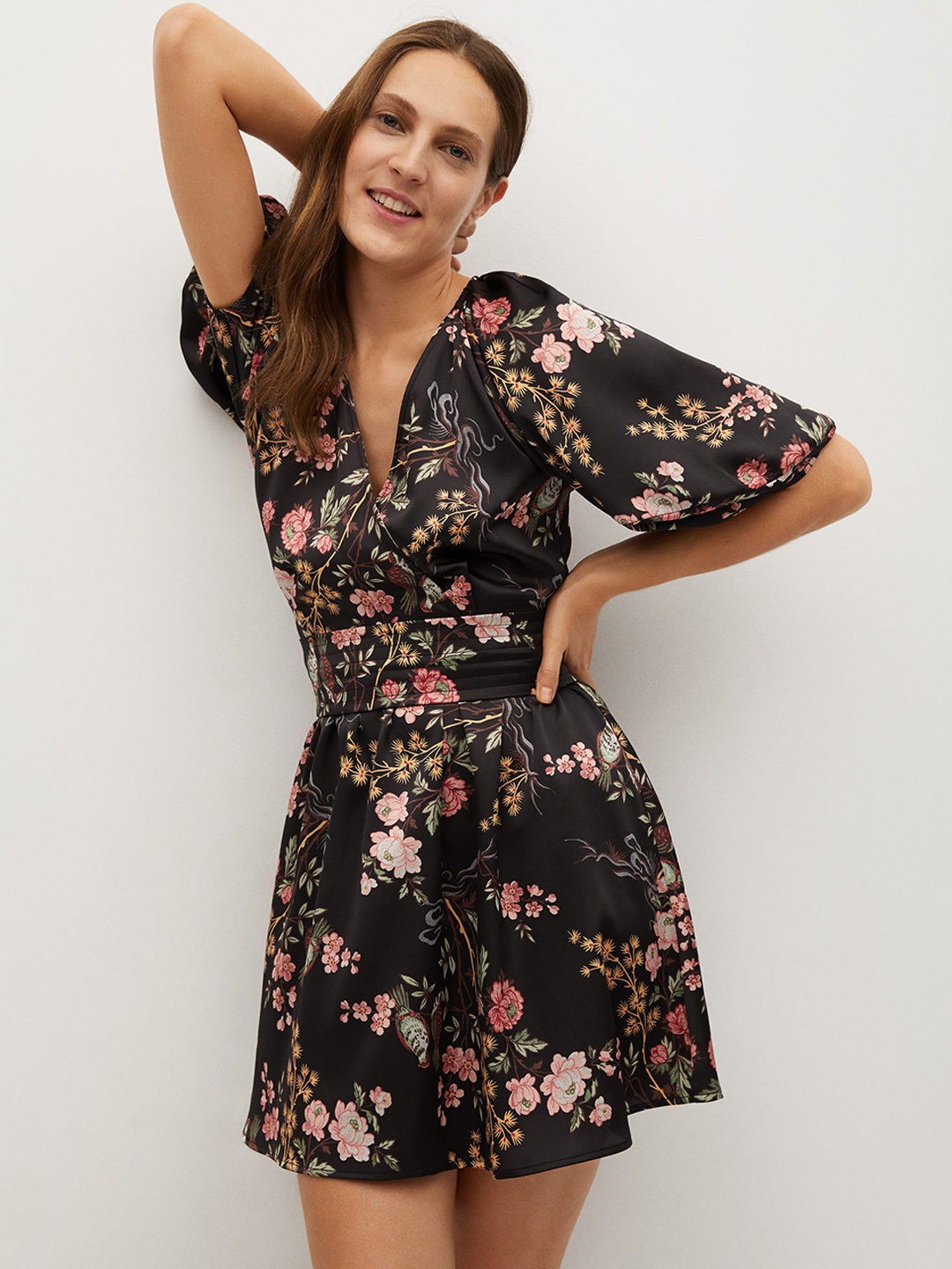 

MANGO Women Black & Pink Floral Print Satin Finish Mini Wrap Dress with Belt