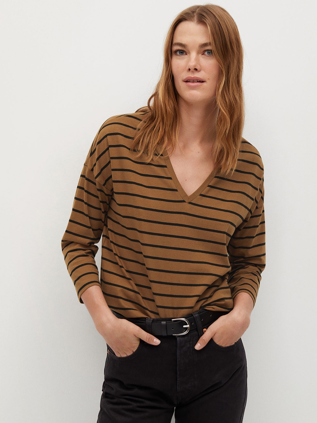 

MANGO Women Brown Black Striped V-Neck Organic Cotton T-shirt
