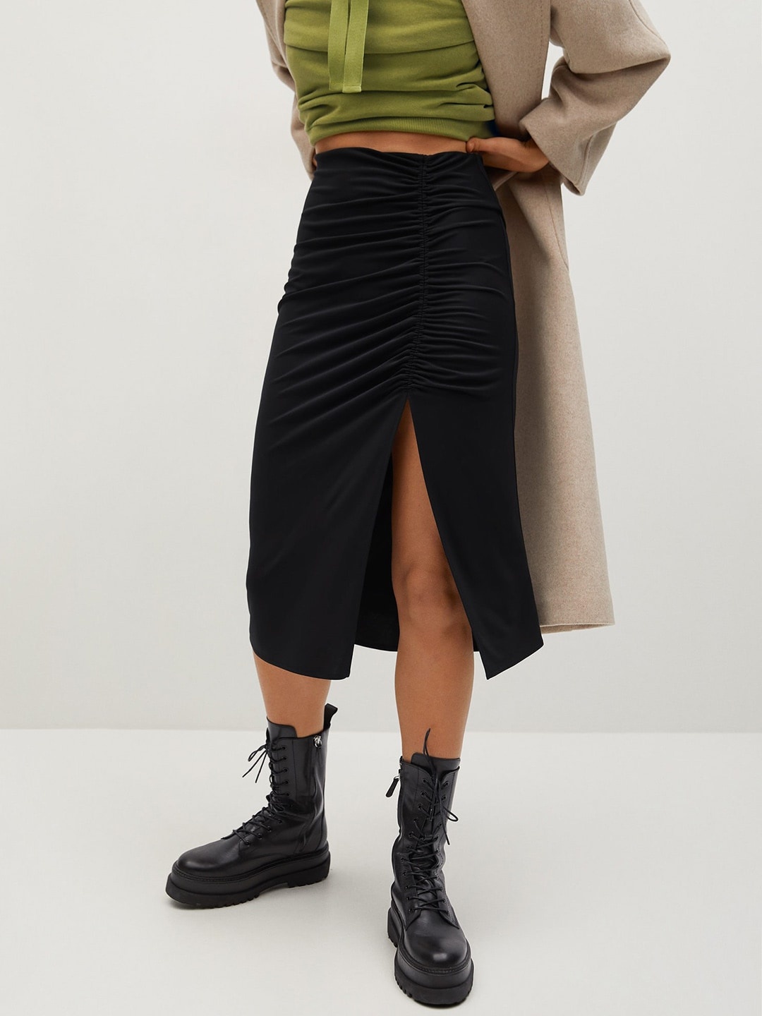 

MANGO Black Front Slit Knitted Straight Midi Ruched Skirt