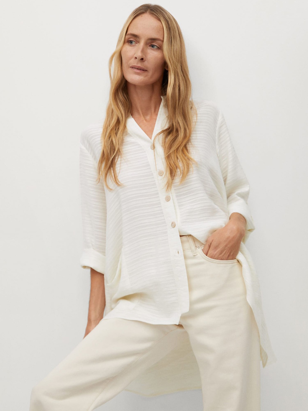 

MANGO Women Off-White Regular Fit Self- Striped Longline Casual Shirt