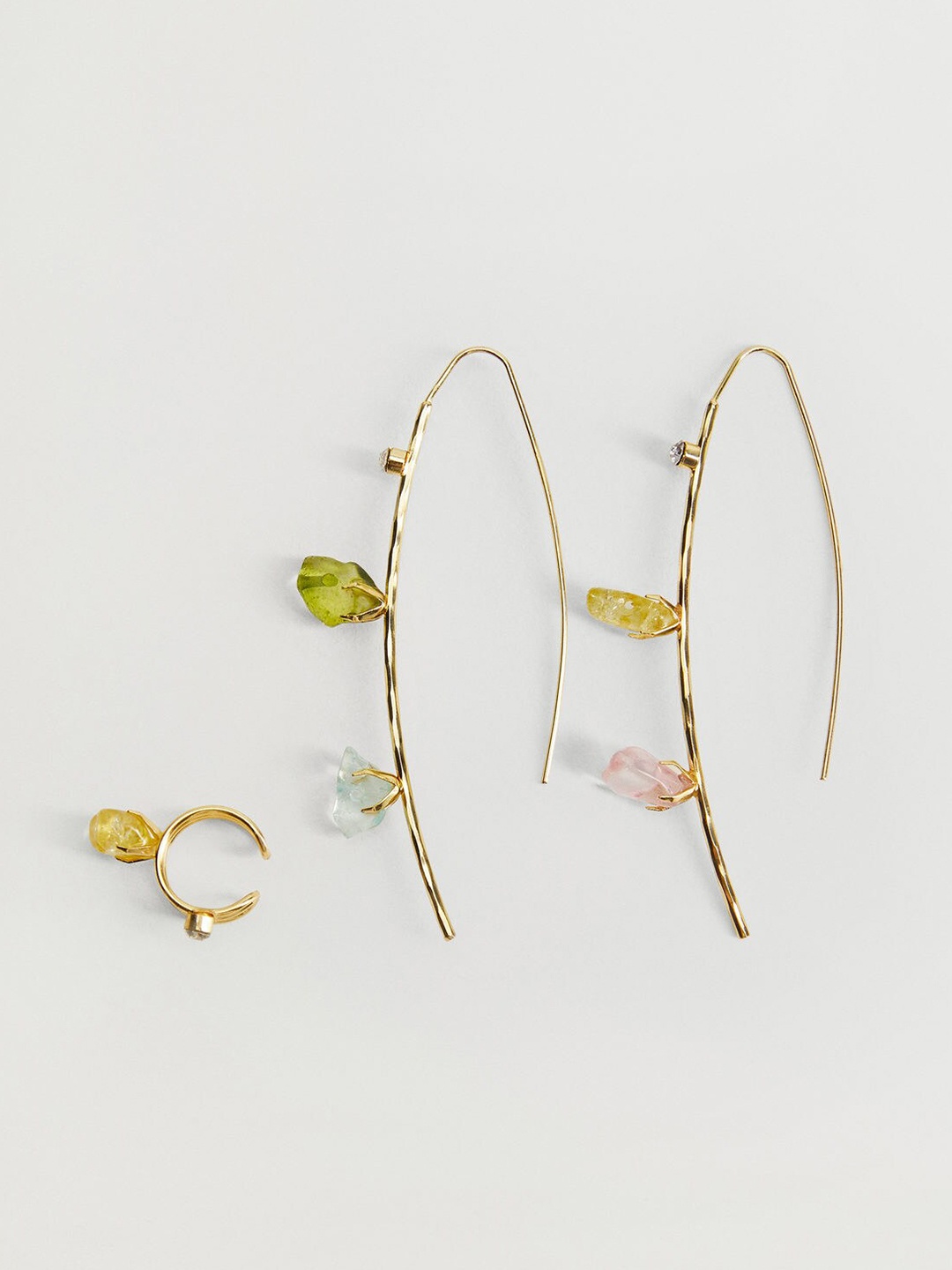 

MANGO Gold-Toned & Green Stone-Studded Contemporary Drop Earrings with Ear Cuff