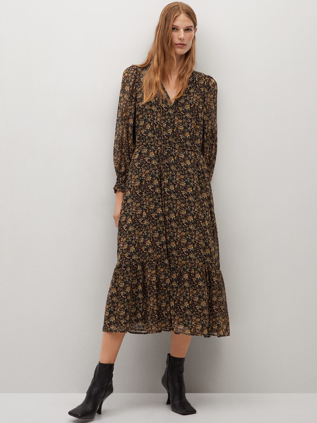 

MANGO Black & Mustard Yellow Floral Printed A-Line Midi Dress