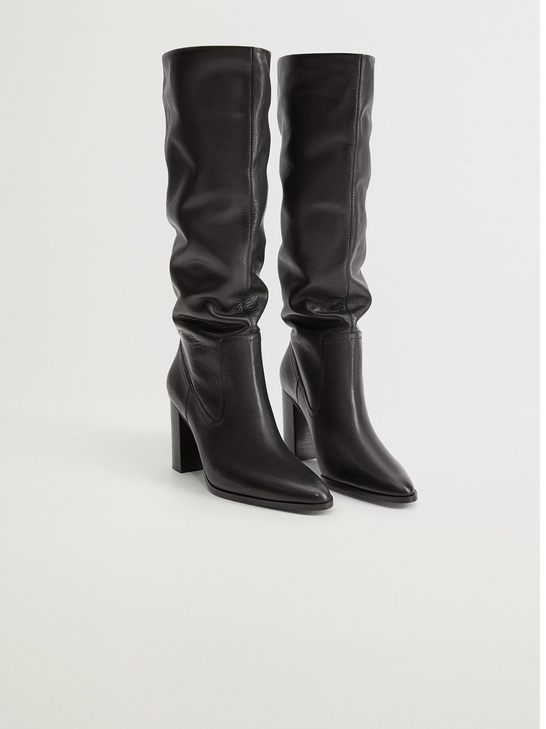 

MANGO Black Solid Leather High-Top Block Heeled Boots