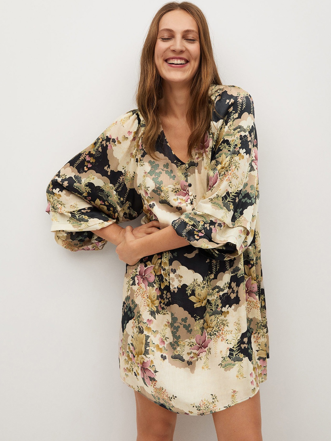 

MANGO Women Cream-Coloured & Black Floral Print A-Line Dress