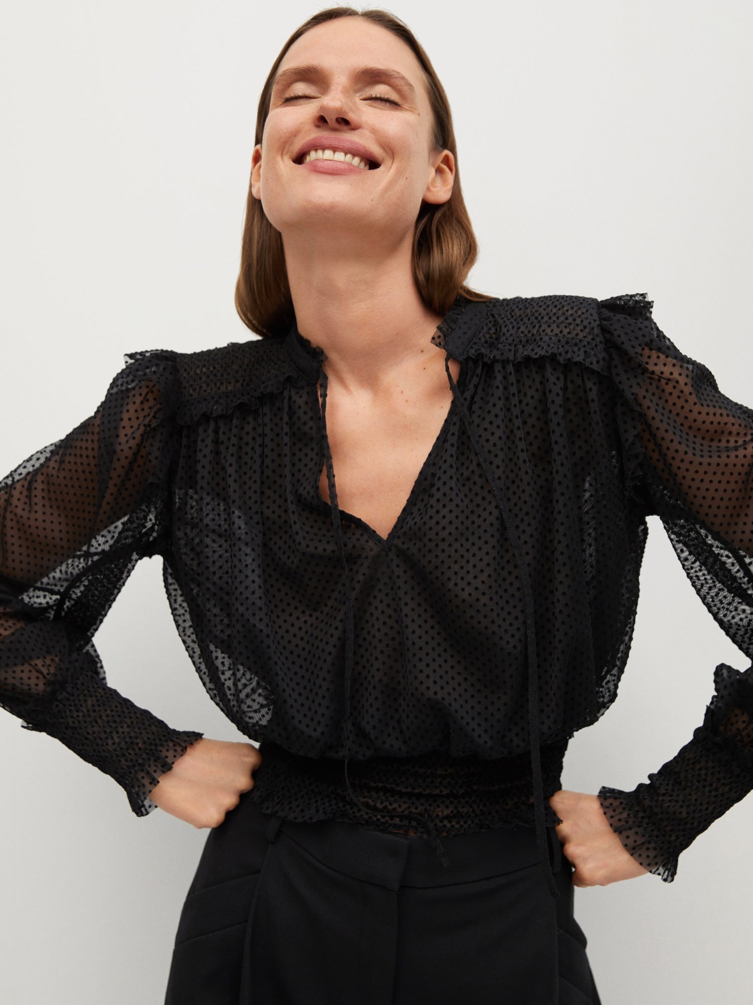 

MANGO Women Black Self Design Ruffled Cropped Blouson Top With Puff Sleeves