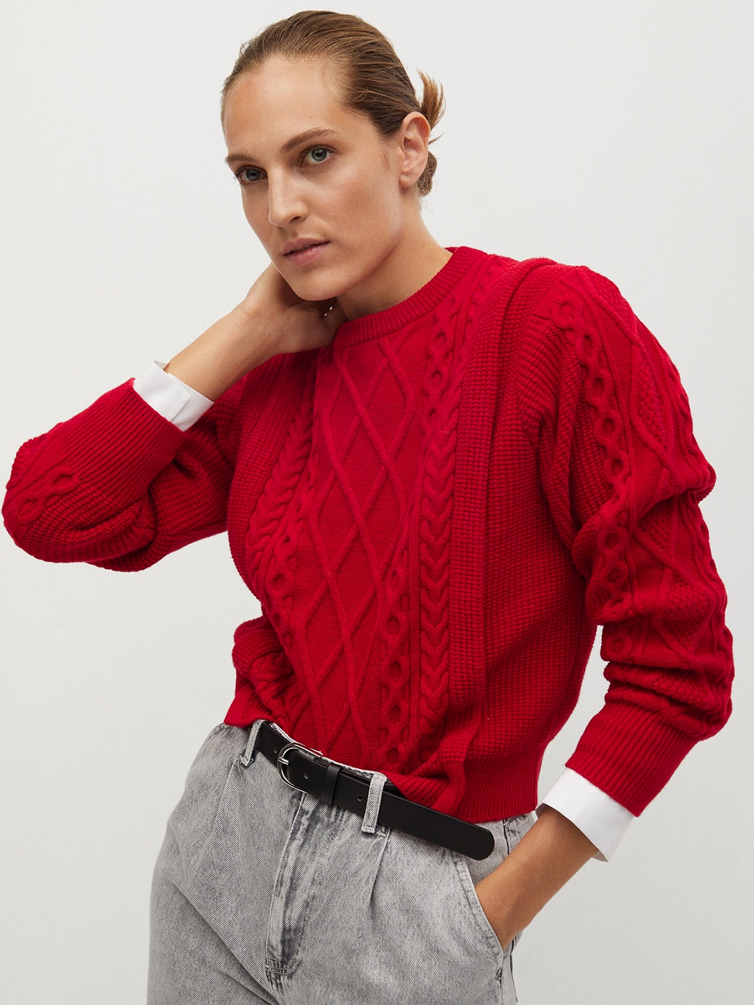 

MANGO Women Red Cable Knit Pullover