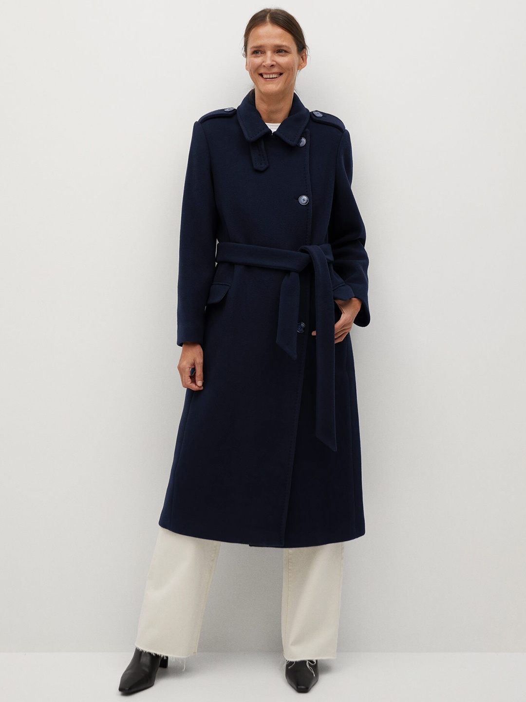 

MANGO Women Navy Blue Solid Trench Coat