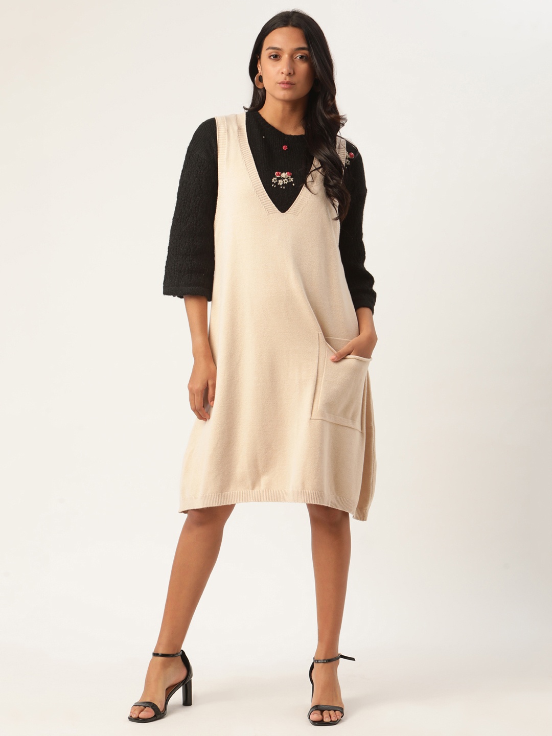 

ROOTED Women Beige Solid A-Line Dress