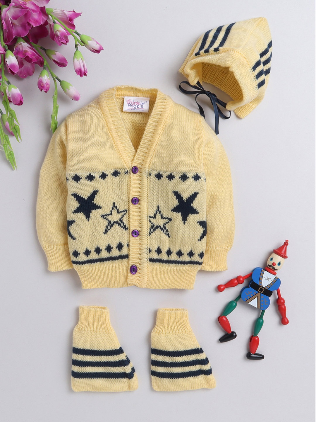 

Little Angels Infant Kids Yellow & Black Acrlic Printed Cardigan Sweater Set