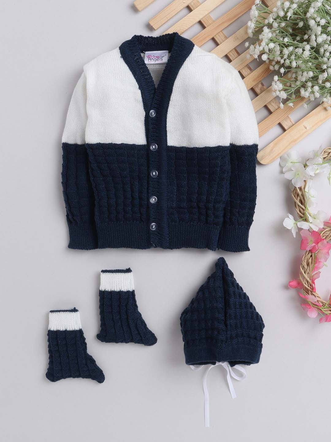 

Little Angels Infants Navy-Blue & White Acrlic Cardigan Sweater Set