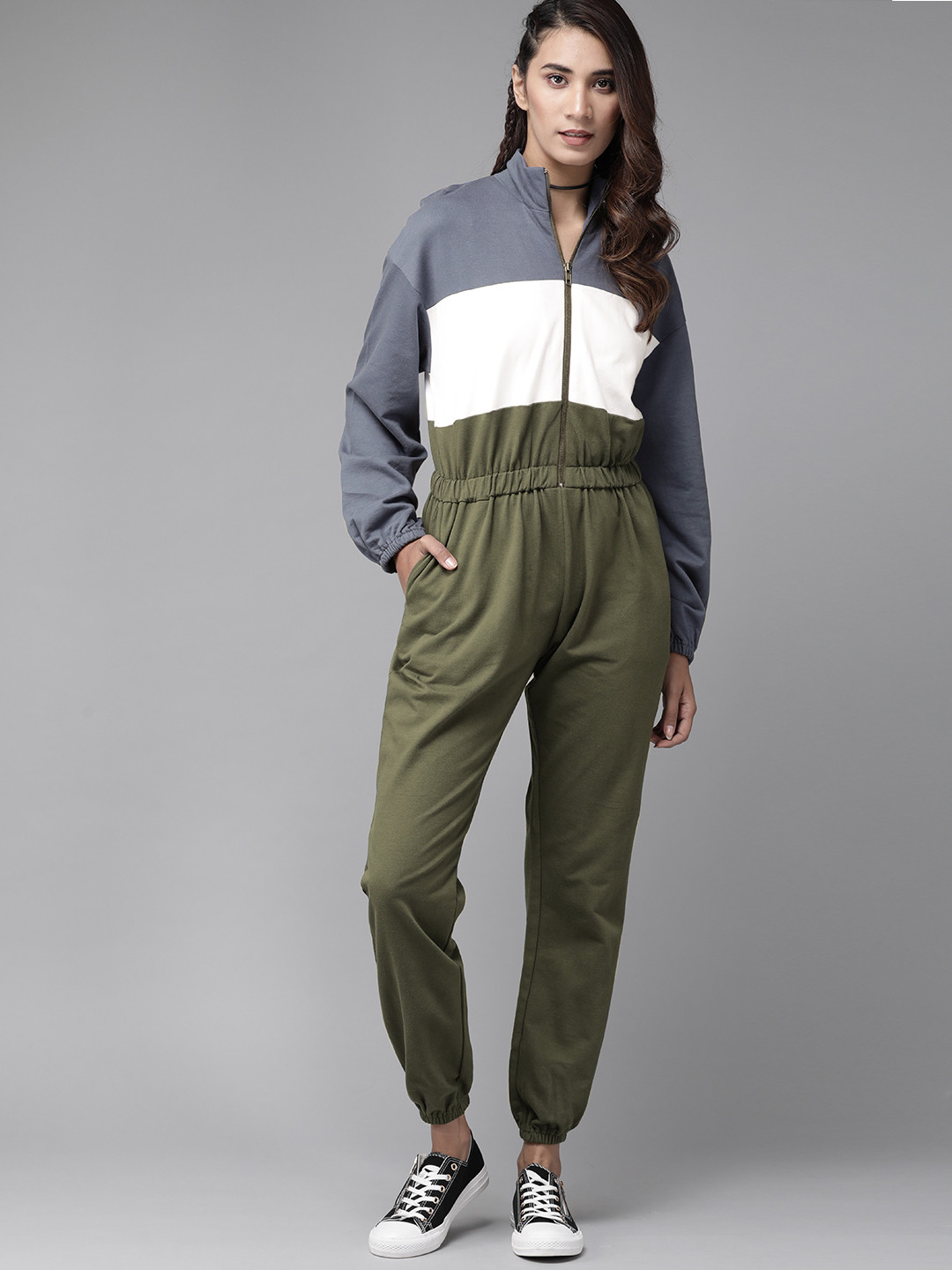 

The Roadster Lifestyle Co Women Olive Green & Blue Colourblocked Pure Cotton Knitted Basic Jogger Jumpsuit
