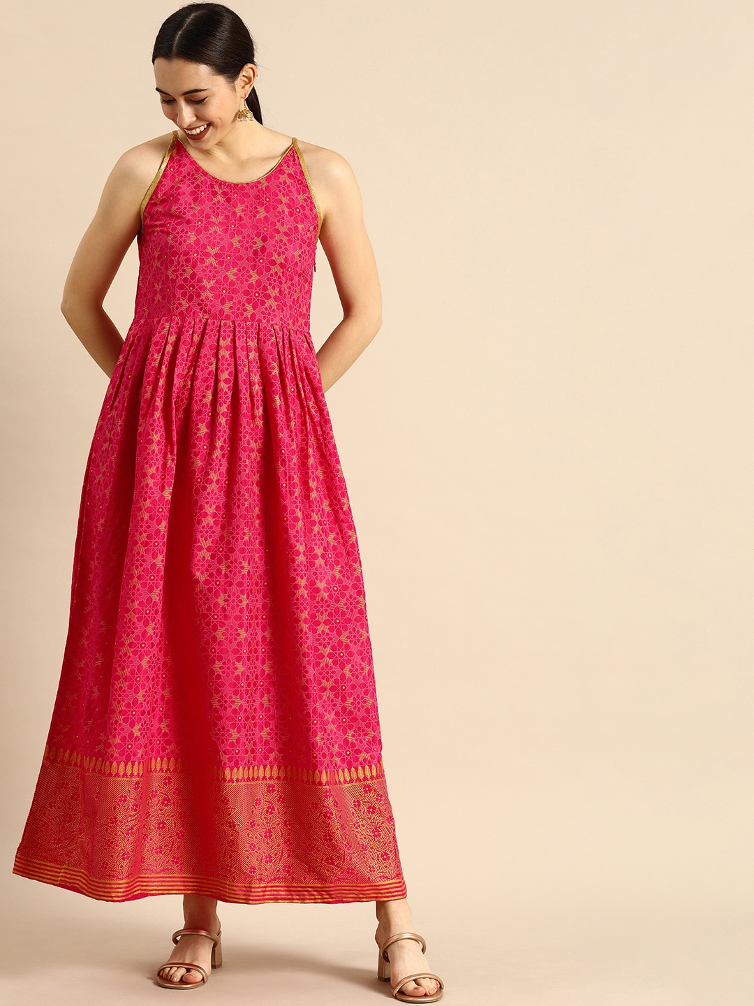 

Anouk Women Fuchsia Pink & Golden Foil Printed Pleated Maxi Dress