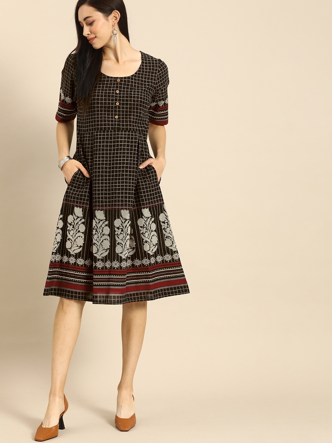 

Anouk Black Checked Cotton Fit and Flare Dress