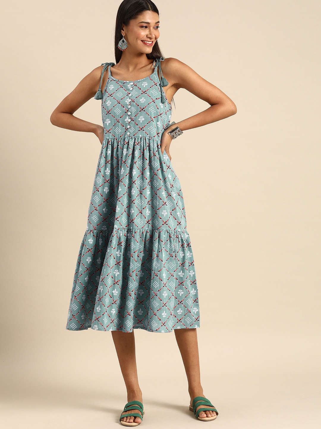 

Anouk Women Turquoise Blue Printed A-Line Dress