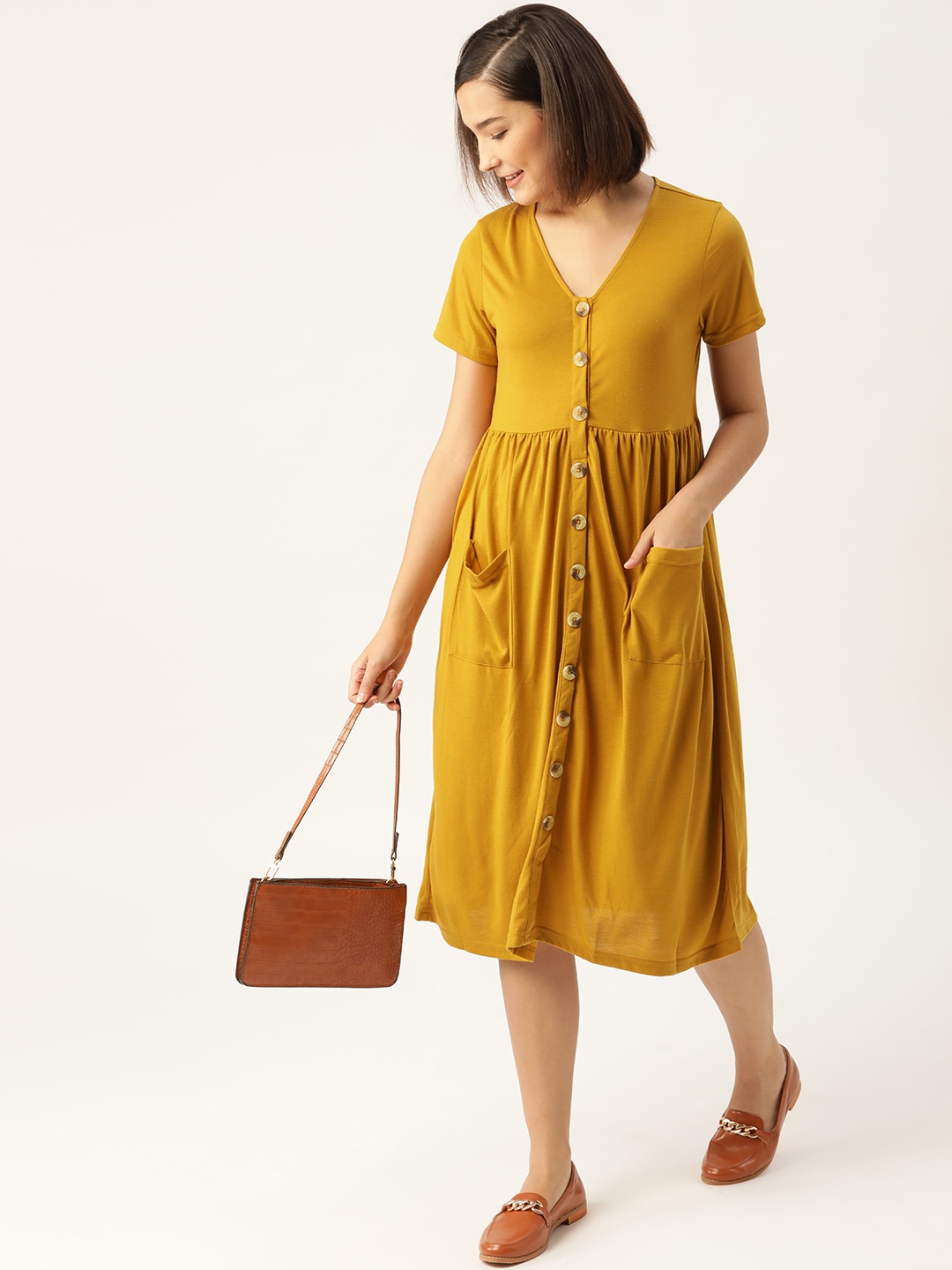 

Anouk Mustard Yellow Knitted A-Line Midi Dress