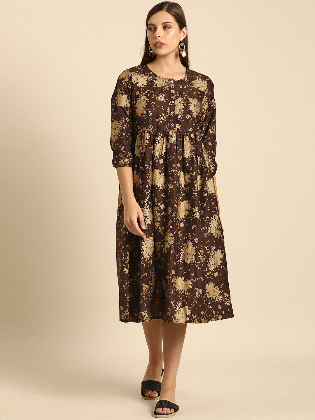 

Anouk Women Brown & Gold-Toned Printed Fit and Flare Dress