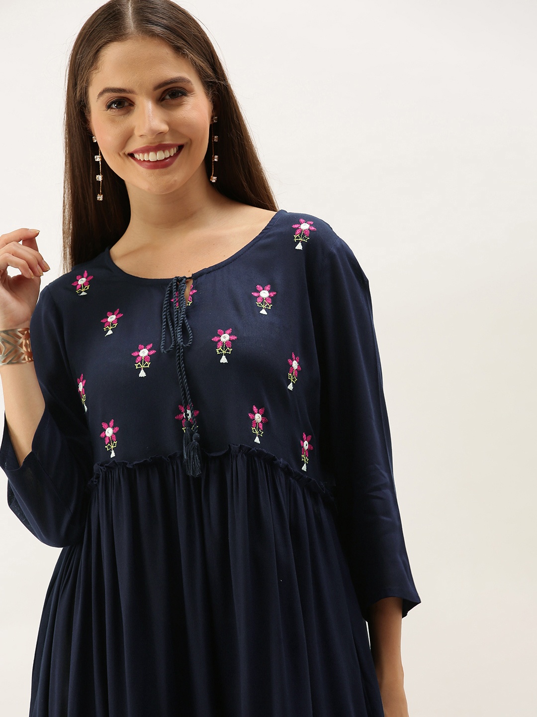 

Anouk Navy Blue Floral Embroidered A-Line Dress