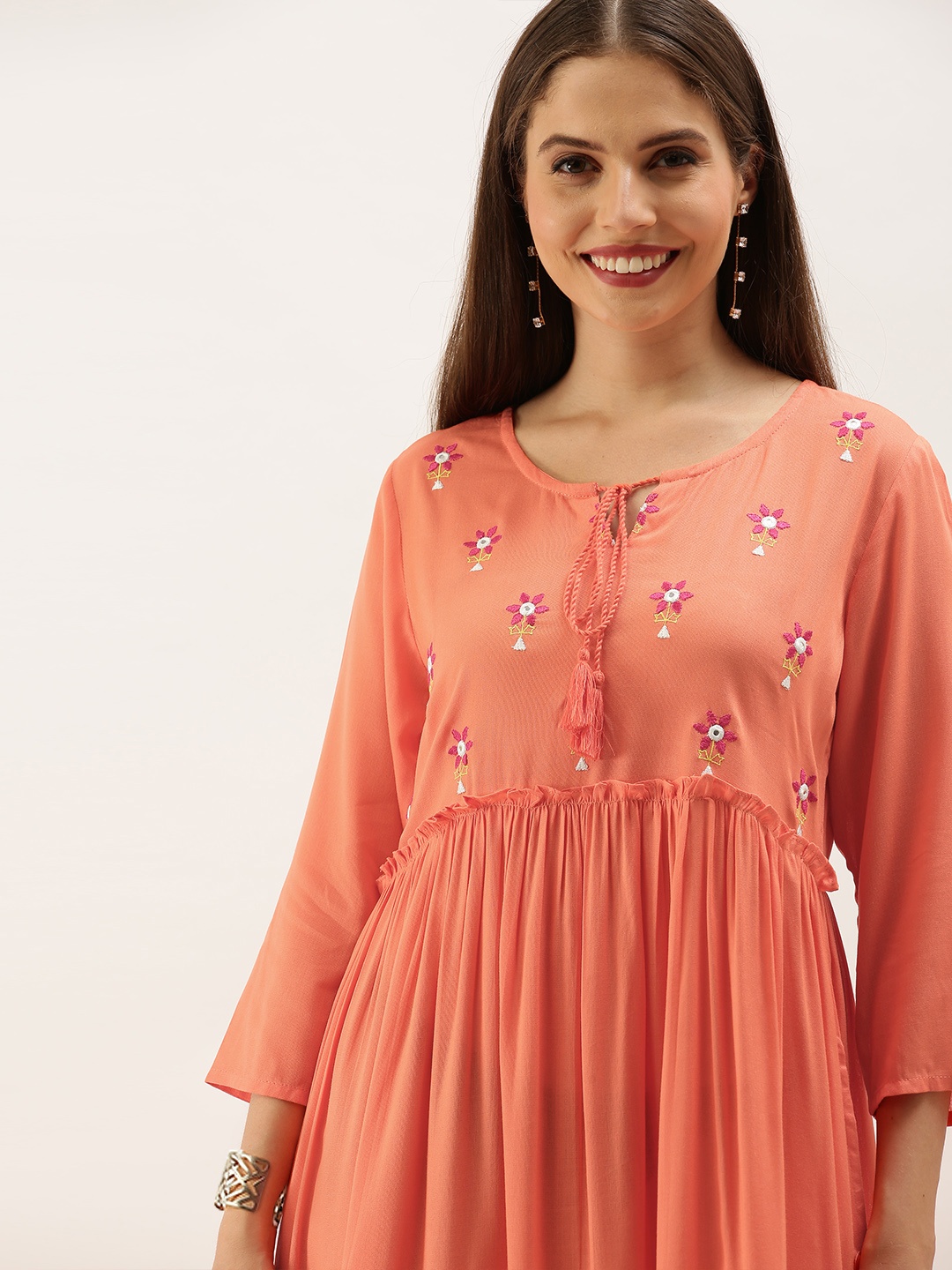 

Anouk Coral Orange Floral Embroidered A-Line Dress