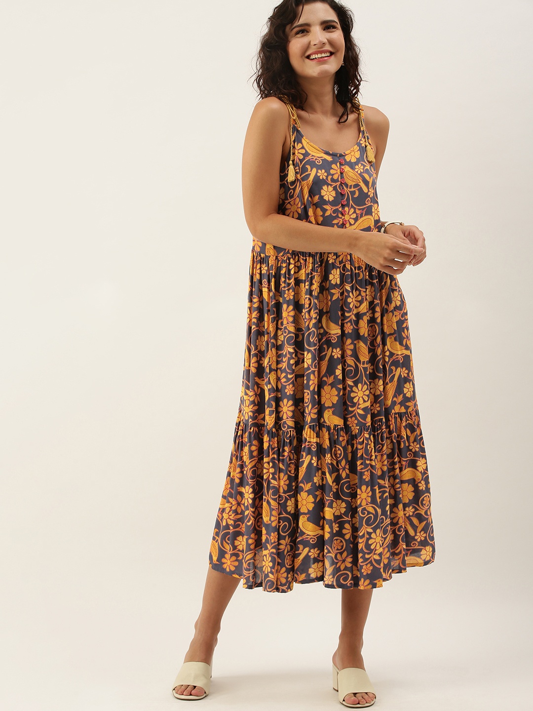 

Anouk Grey & Mustard Yellow Floral A-Line Tiered Midi Dress