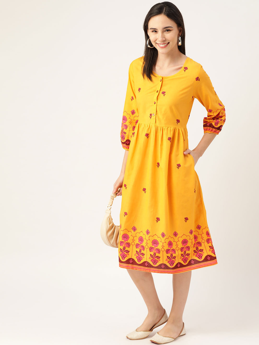 

Anouk Yellow & Maroon Ethnic Motifs Printed Pure Cotton A-Line Midi Dress