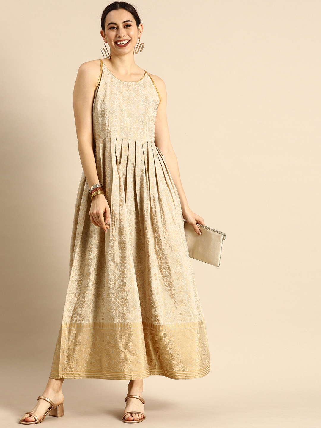 

Anouk Women Beige & Golden Foil Printed Pleated Maxi Dress