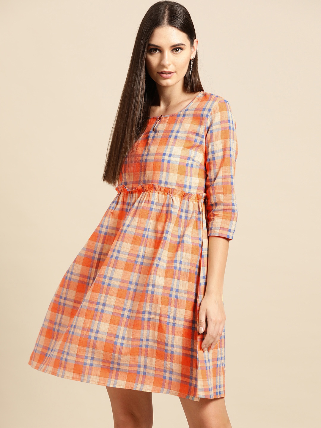 

Anouk Women Mustard Yellow & Blue Checked Pure Cotton A-Line Dress with Ruffles