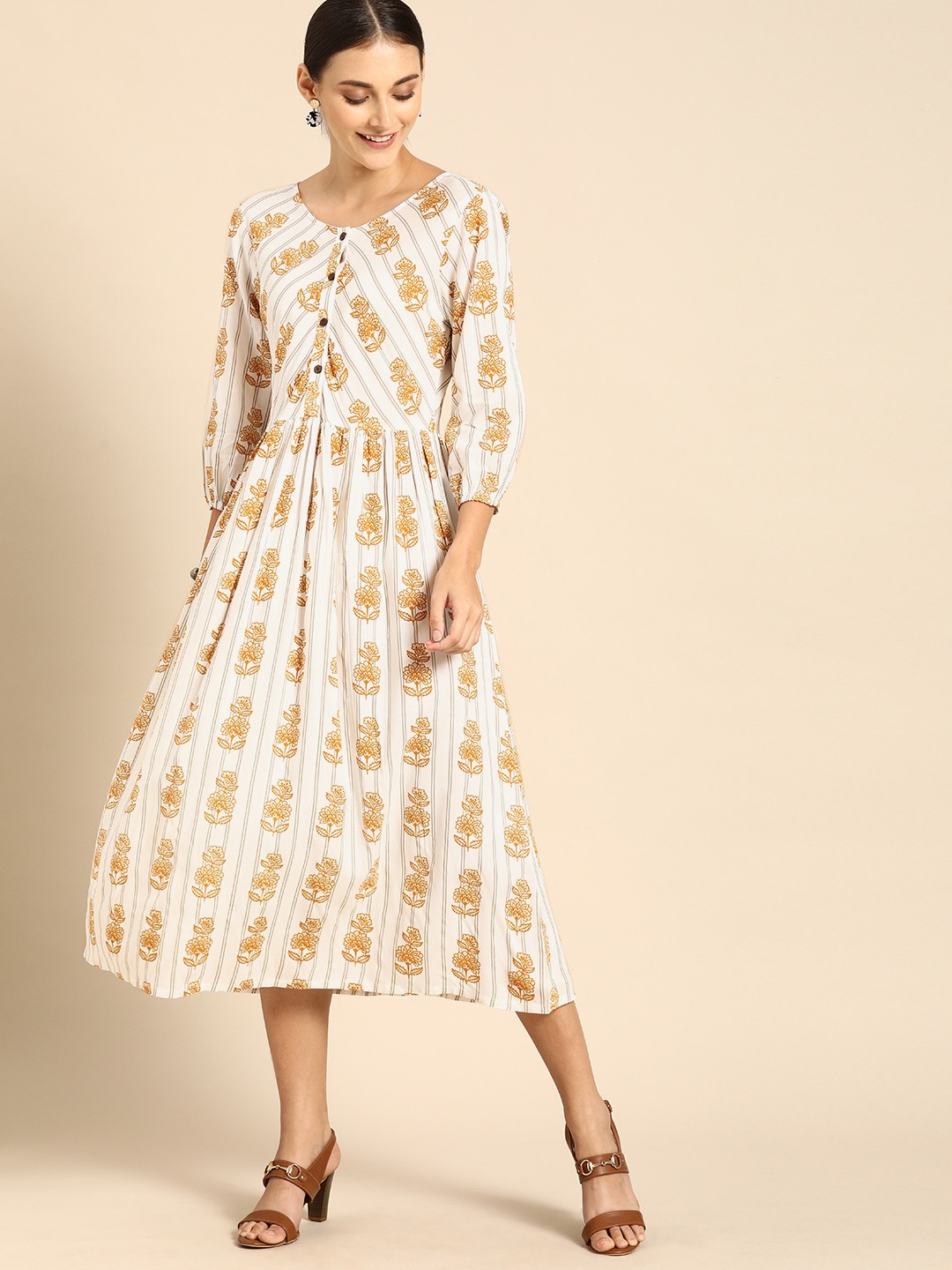 

Anouk Women White Striped A-Line Dress With Styled Back