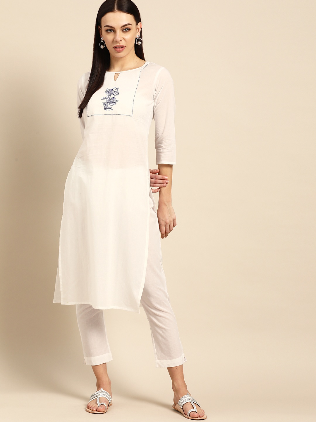 

Anouk Women White Yoke Design Pure Cotton Kurta with Trousers