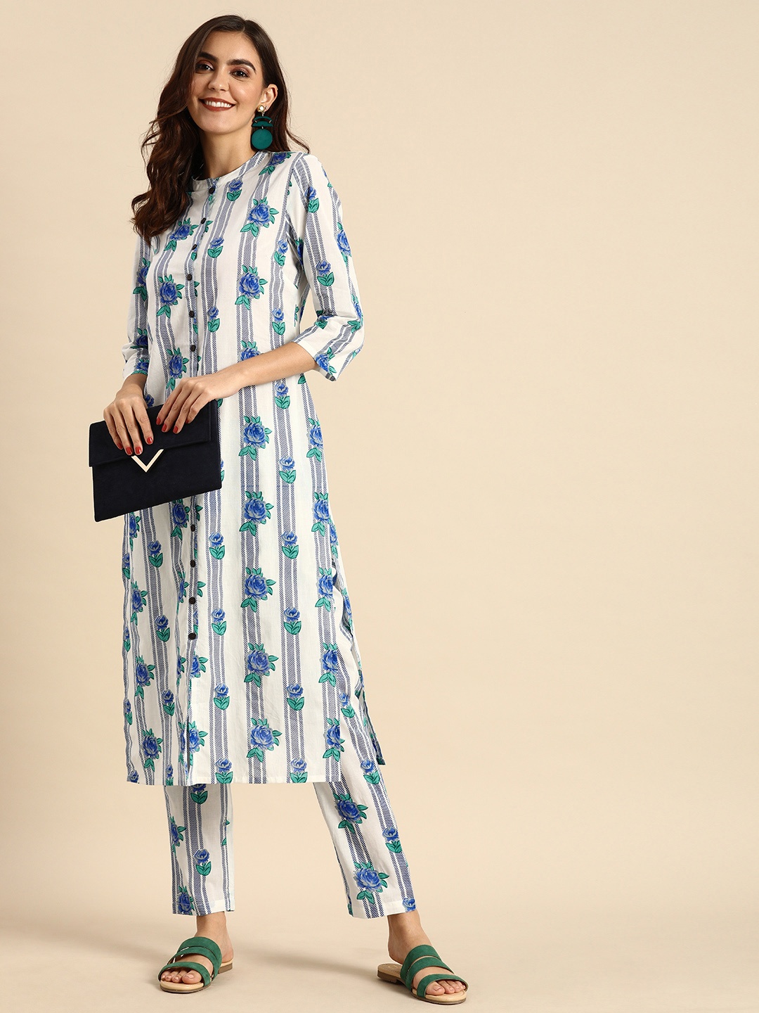 

Anouk Women White & Blue Printed Kurta with Trousers