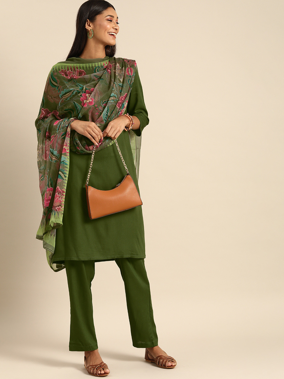 

Anouk Women Olive Green Solid Kurta with Trousers & Dupatta