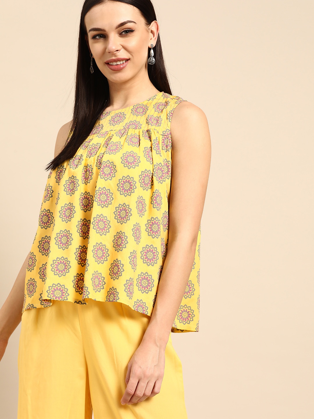 

Anouk Women Yellow & Purple Printed Pure Cotton Top with Palazzos