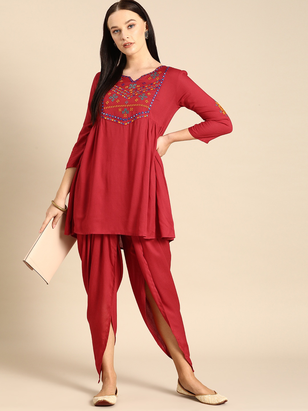 

Anouk Women Red & Blue Yoke Design A-Line Kurta with Dhoti Pants