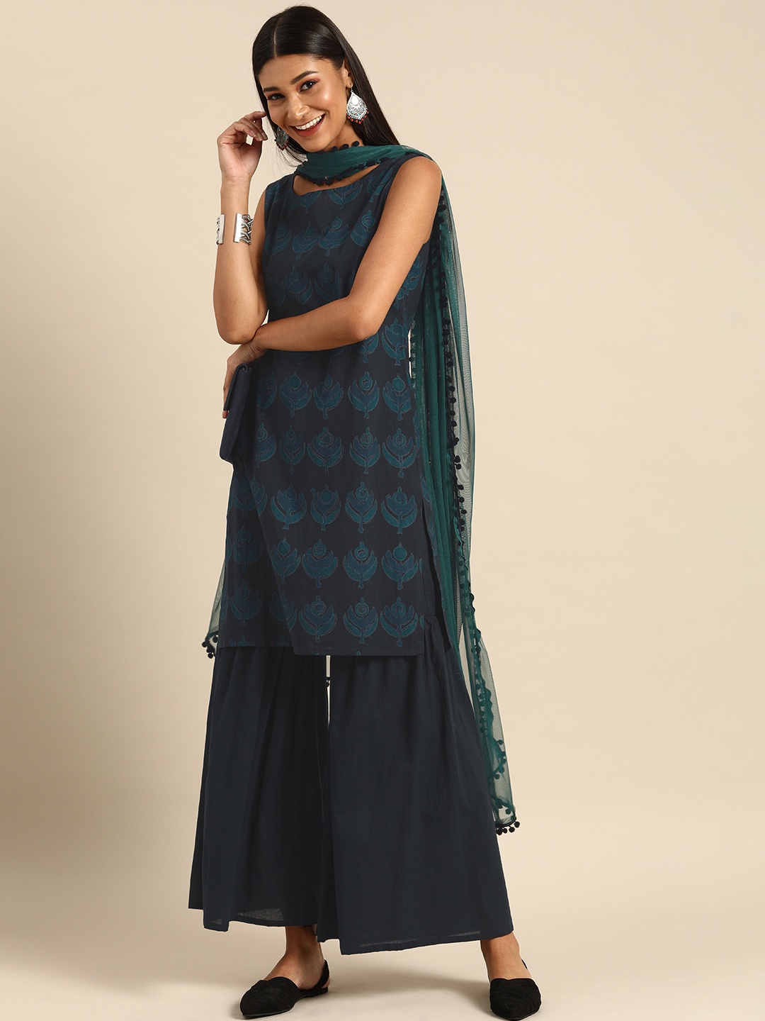 

Anouk Women Blue & Teal Green Printed Kurta with Sharara & Dupatta