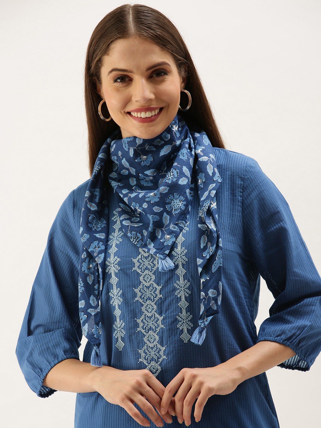 

Anouk Women Navy Blue Embroidered Pure Cotton Kurta with Trousers & Dupatta