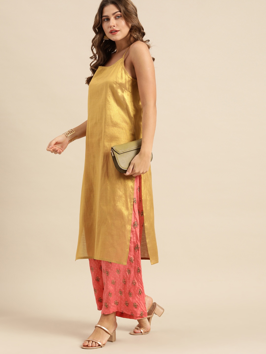 

Anouk Women Golden & Pink Solid Kurta with Printed Palazzos, Gold