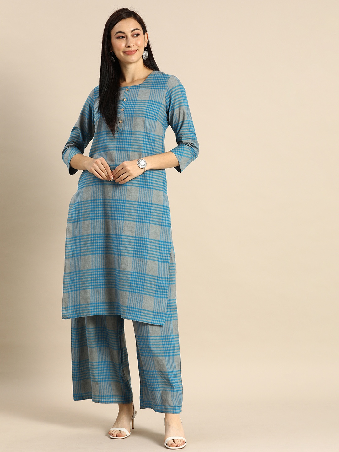 

Anouk Women Blue & Grey Printed Kurta with Palazzos
