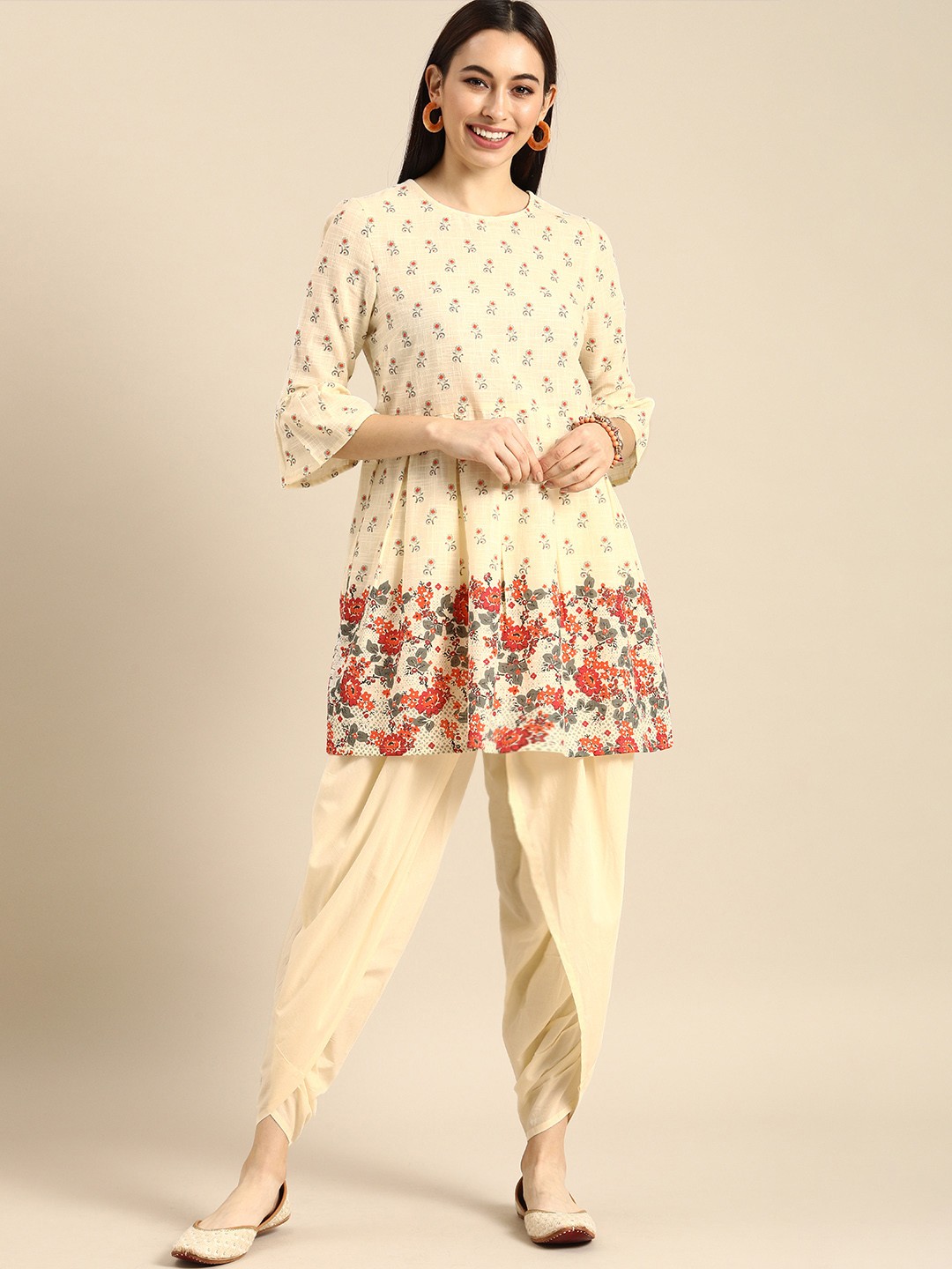 

Anouk Women Cream-Coloured & Red Printed Kurti with Dhoti Pants