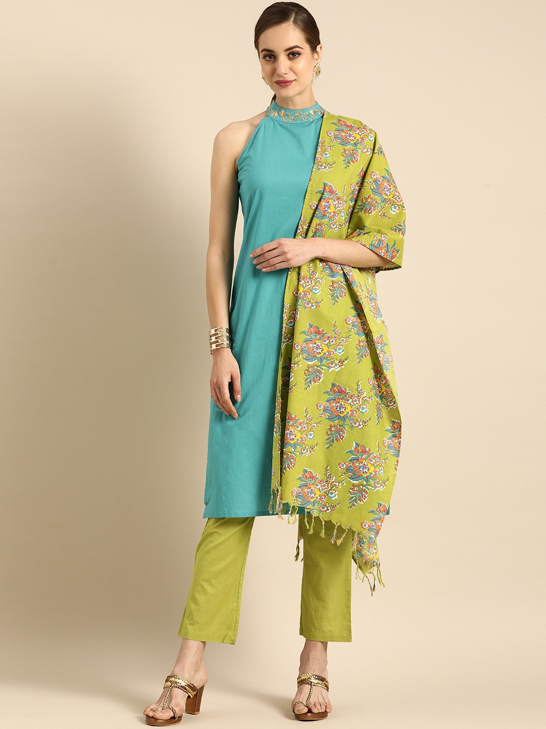 

Anouk Women Turquoise Blue Regular Thread Work Pure Cotton Kurta with Trousers & With Dupatta