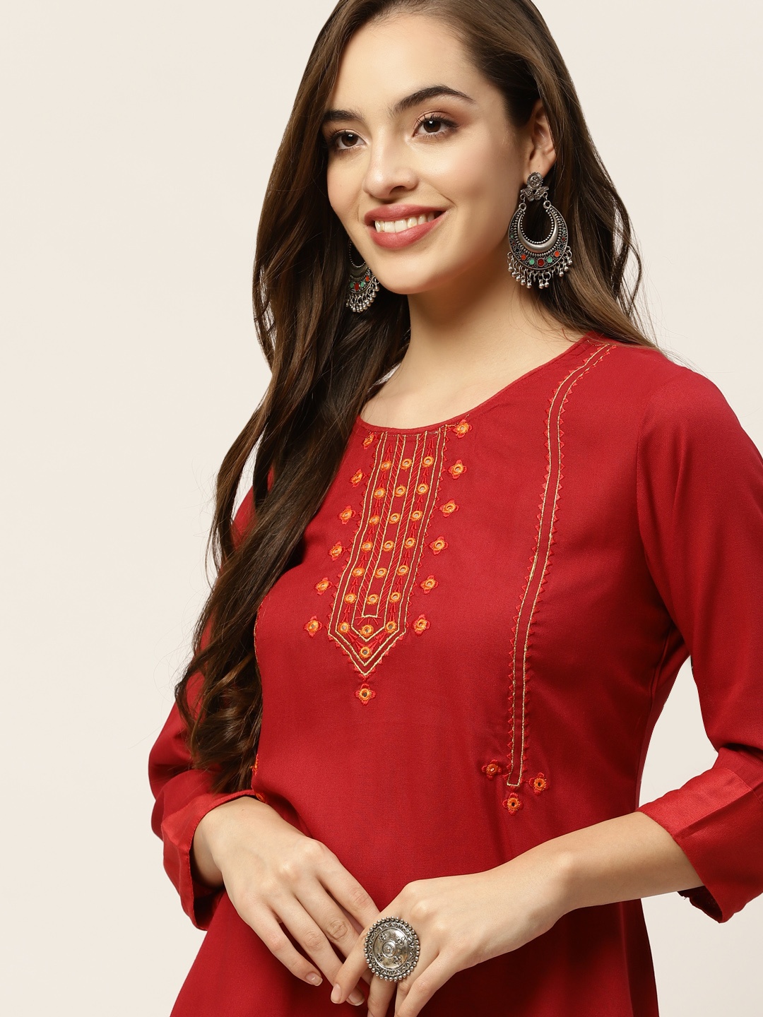 

Anouk Women Maroon Embroidered Yoke Design Straight Kurta with Palazzos