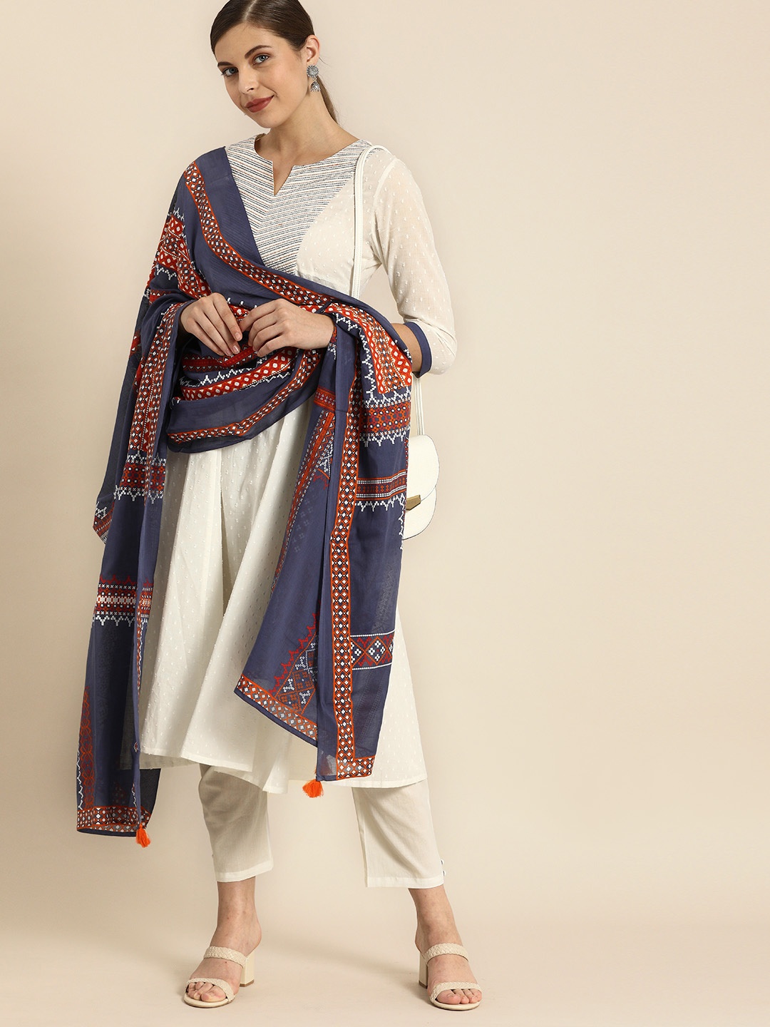 

Anouk Women White Woven Design Kurta with Trousers & Dupatta